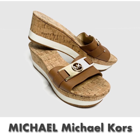 MICHAEL Michael Kors Shoes - MICHAEL Michael Kors Brown Saffiano Leather Sandals with Gold Hardware Size 9